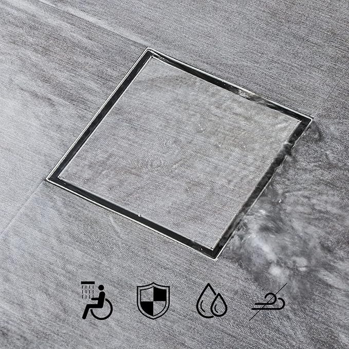 SaniteModar Square Shower Drain 4 inch Comes with Tiled Stealth and 304 Stainless Steel Brushed 2 in 1 Panels. The Shower Drain is Equipped Hair Filters and Threaded Joint with Rubber Seal