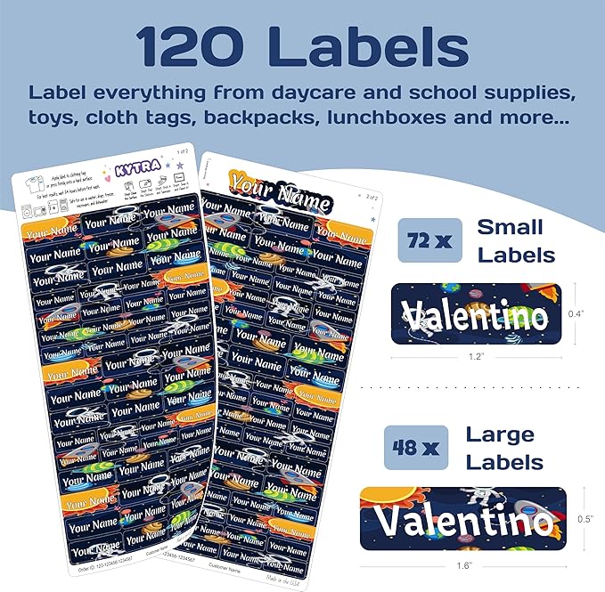 KYTRA Personalized Name Labels for Kids 120 Stickers for Daycare & School Supplies, Clothes, Toys, Lunchboxes and More - Waterproof, Laundry, Dishwasher & Microwave Safe, Made in USA (Astronauts)