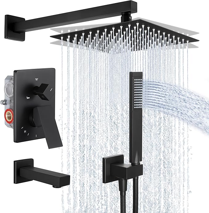 KES Shower System Pressure Balancing Shower Valve with Tub Faucet Spout Set Handheld and 10 Inch Rainfall Shower Head Combo All Metal Matt Black, XB6300-BK