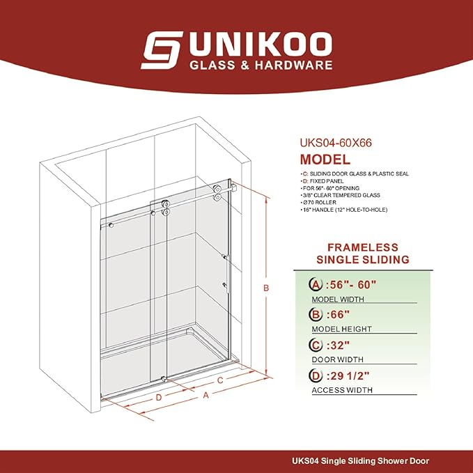 56-60 Inch x 66 Inch Sliding Frameless Bathtub Door, 3/8" Tempered Glass with Easy-Cleaning Coating, Stainless Steel Rollers & SGCC-Certified Stability, Bright Chrome