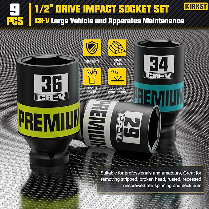 9 Piece 1/2" Drive Impact Socket Set, Metric Axle Nut Sockets, 29-38mm Thicker Jumbo Sockets, Socket Set, 6 Point, Cr-V Steel for Auto Repair