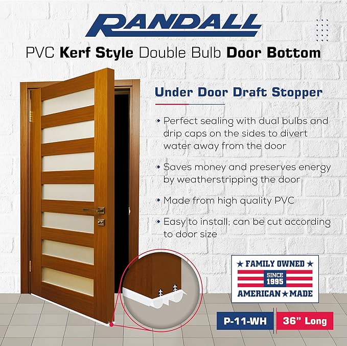 36" Kerf Slide-in Double Bulb Seal Weatherstrip Door Bottom – Durable Seal for Energy Efficiency & Draft Protection (White)