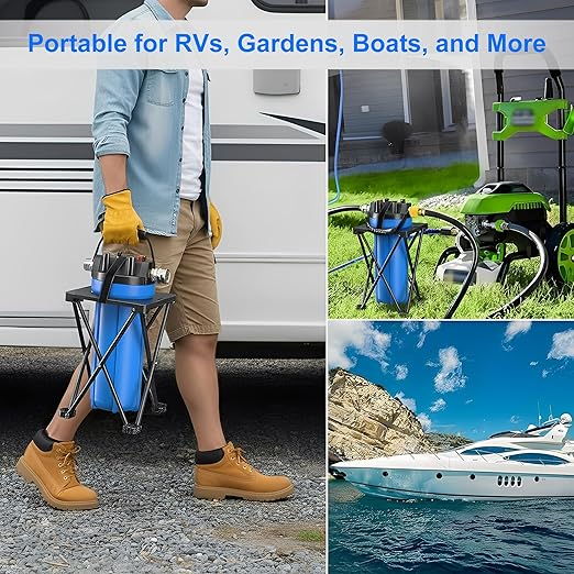4-Layer RV Water Filter with Stand and 7,000 Gallons Capacity, 3/4" GHT Metal Threads Inline Water Filter, Removes Sediments, Chlorine, PFAS, PFOS, VOCs, Heavy Metals, Bad Taste, Odor, and More