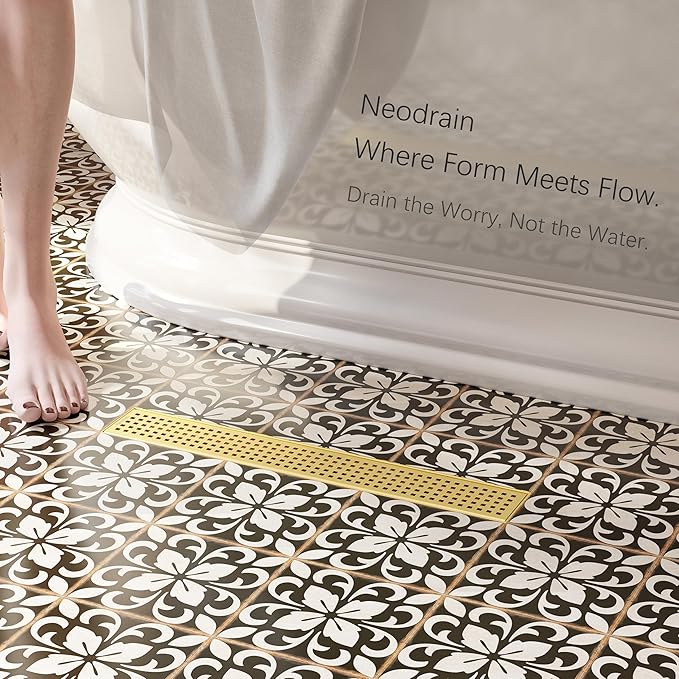 Neodrain 18-Inch Brushed Brass Linear Shower Drain with Removable Quadrato Pattern Grate,Professional 304 Stainless Steel Gold Rectangle Shower Floor Drain Manufacturer,Linear Drainwith Hair Strainer