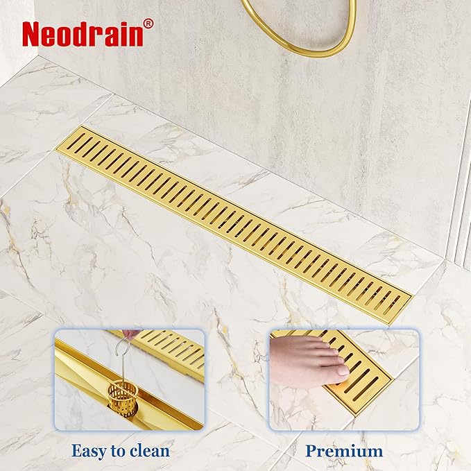 Neodrain 24" Gold Bathroom Linear Shower Drain with Removable Capsule Pattern Grate, 304 Stainless Steel Rectangle Shower Floor Linear Drain- Adjustable Leveling Feet,Hair Strainer, CUPC Certified