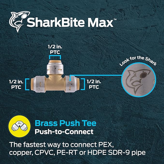 SharkBite Max 1/2 Inch Tee, Push to Connect Brass Plumbing Fitting, PEX Pipe, Copper, CPVC, PE-RT, HDPE, UR362A