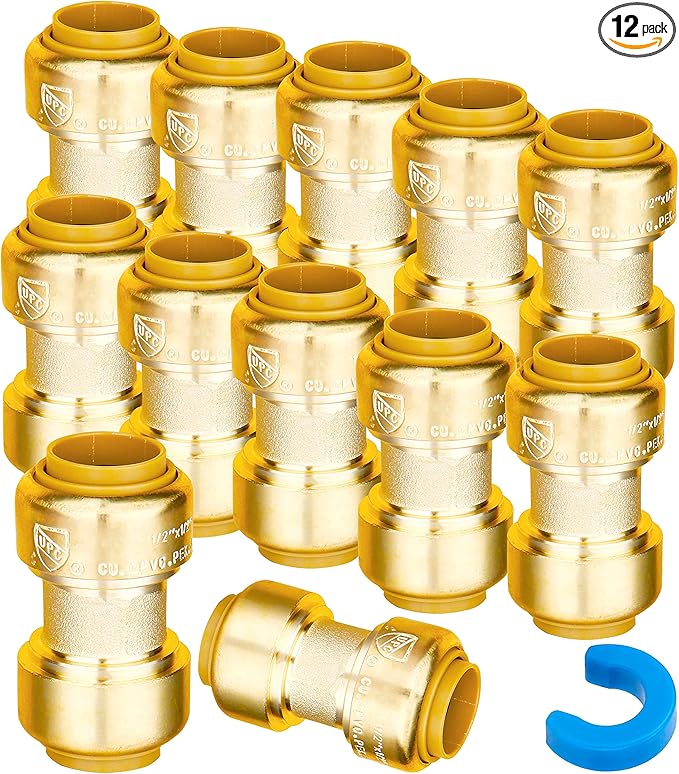 WHK 12 Pack 1/2" Push-to-Connect Plumbing Fittings,Straight Push Fittings 1/2 Pushfit Coupling Kit with Disconnect Clip,Brass Push Fit Connector for Copper, PEX, CPVC Pipe(Certificate)
