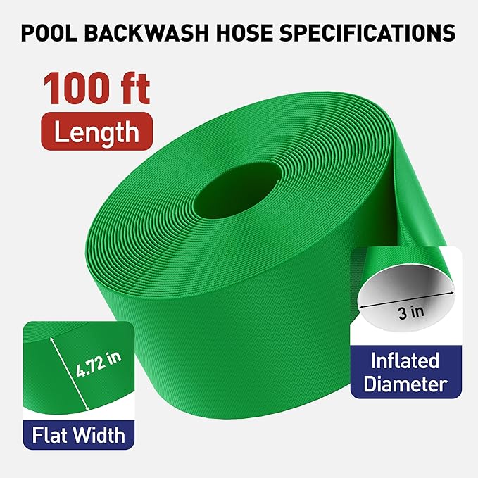 Pool Backwash Hose 3" x 100', Heavy-Duty PE Backwash Hose for Pool Filter – Includes 2 Clamps, Weatherproof & Burst Resistant for Water Transfer, Sump Pump, Pool Drain, Sand Filter (Green)