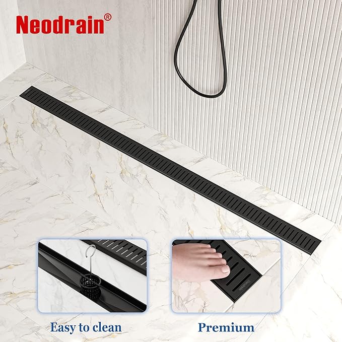 Neodrain 48" Matte Black Bathroom Linear Shower Drain with Removable Capsule Pattern Grate, 304 Stainless Steel Shower Floor Linear Drain- CUPC Certified with Hair Strainer