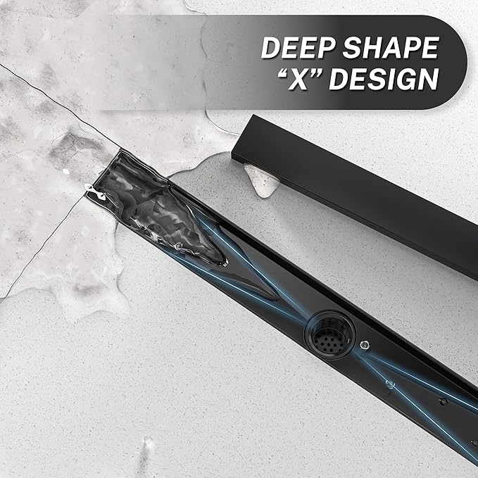 Linear Shower Drain.24 Inch Shower Trench Drain with 2-in-1 Flat Cover & Inser Cover,304 Stainless Rectangle Steel Shower Floor Drain with Hair Strainer and Leveling Feet (Black, 24 in)