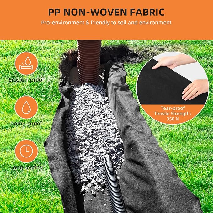 Towallmark Geotextile Landscape, 4ft x 50ft & 6oz Geotextile Fabric, PP Drainage 350N Tensile Strength & 440N Load Capacity, for Driveway & Road Stabilizationr, Erosion Control, French Drains