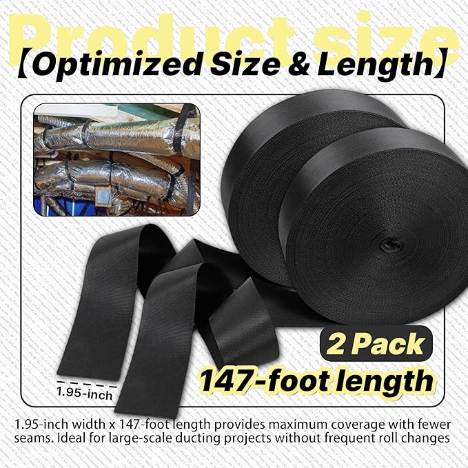 2 Pack Heavy Duty Duct Strap – 1.95 in x 147 ft Black Nylon Strapping for HVAC Duct, Durable Wrap Support Band for Building & Home Improvement