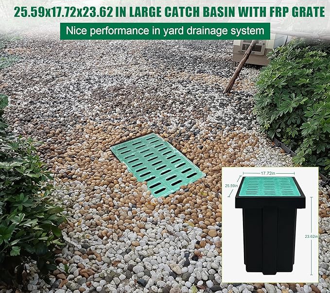Catch Basin for Drainage with Fiber Glass Grate-26x18x24 in. Large Drainage Basin with Debris Basket,A15 French Drain Basin Without Reserved Hole for Yard,Downspout,Lawn,Municipal Pipeline