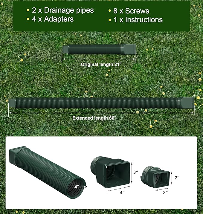 Rain Gutter Downspout Extensions, Downspout Extender for Rainwater Drainage Flexible, Down Spout Drain Extension Pipe and Extendable from 21 to 66 Inches (2 Pack, Green)