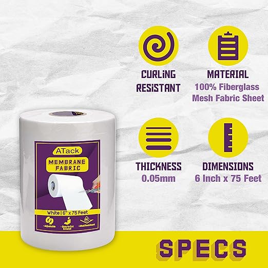 ATack Fiberglass Waterproofing Anti-Fracture Membrane Fabric Sheet, 6 Inches x 75 Feet, Water Barrier Mesh Tape for Shower Walls and Tiles
