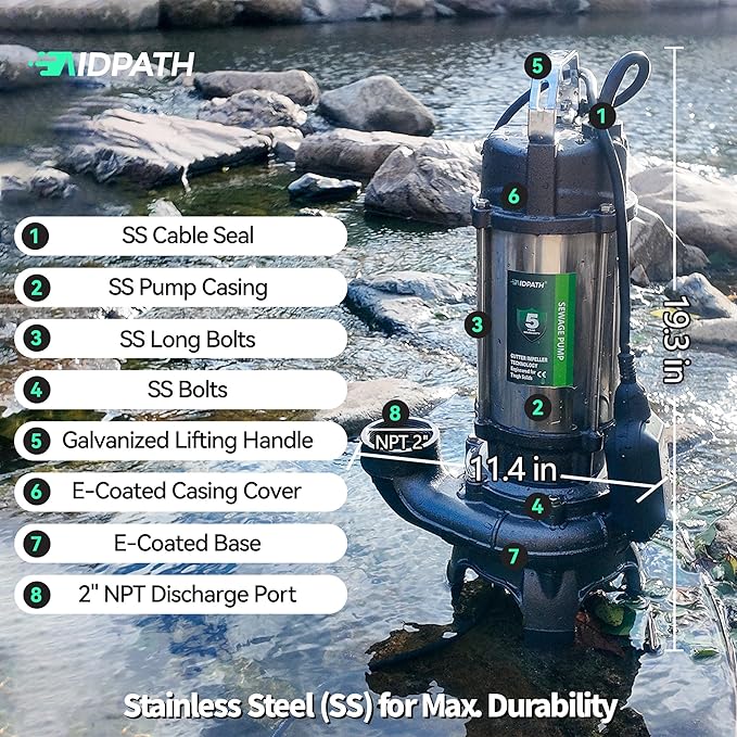8807 GPH, 1 HP Sewage Sump Pump Submersible, Auto Float Switch, 115V, 2" NPT Discharge for Basement, Trash, Sludge, Septic Tank, Sewer, SS Pump Casing, E-Coated Semi-Open Cast Iron Impeller