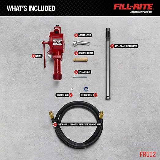 Fill-Rite FR112 Fuel Transfer Rotary Hand Pump w/Discharge Hose, Straight Spout, Vacuum Breaker, & Suction Pipe