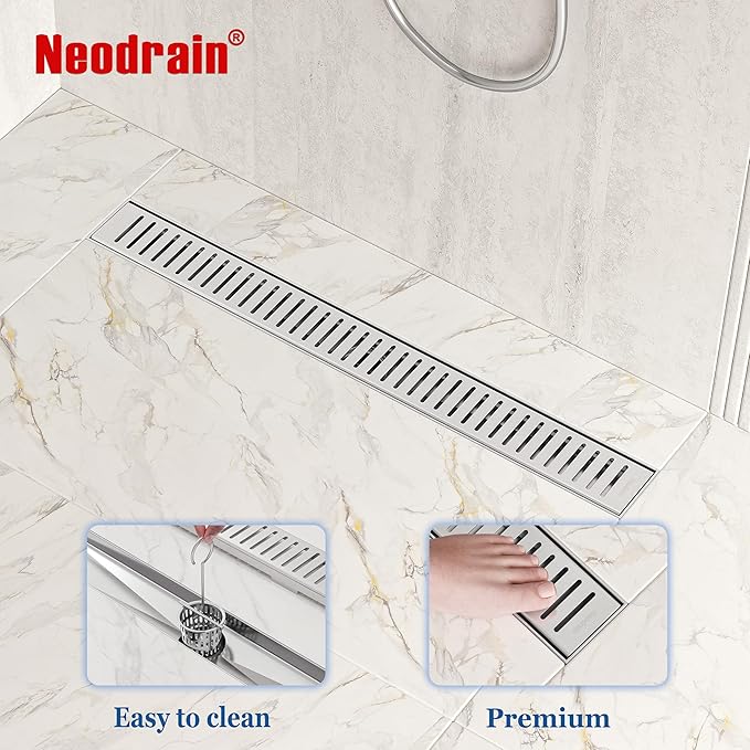 Neodrain 28" Brushed Linear Shower Drain Shower Linear Drain, Removable Capsule Pattern Grate, Bathroom 304 Stainless Steel Rectangle Shower Floor Drains- CUPC Certified