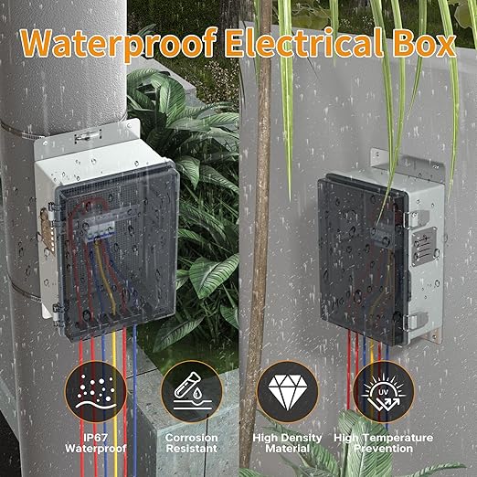 Joinfworld Vented Outdoor Enclosure Box, WiFi Enclosure Waterproof Electrical Box 11.8x6.7x5.6 Plastic Clear with Mounting Panel Stainless Steel Dust Screen