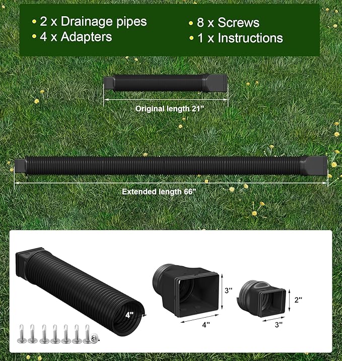 Rain Gutter Downspout Extensions, Downspout Extender for Rainwater Drainage Flexible, Down Spout Drain Extension Pipe and Extendable from 21 to 66 Inches (2 Pack, Black)