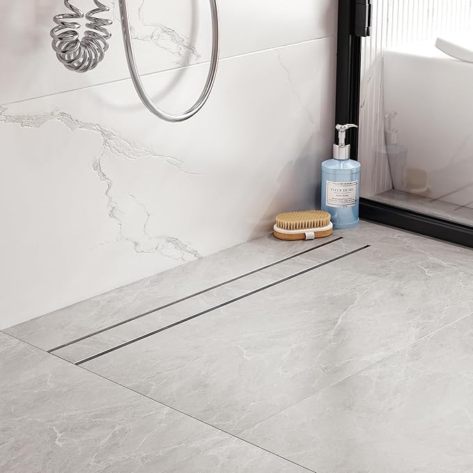 24 inch Linear Shower Drain with Tile Insert Grate Cover, Brushed 304 Stainless Steel Bonding Flange Linear Drain, Low Profile Linear Shower Drain with Hair Strainer