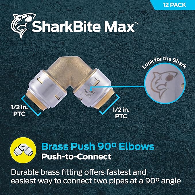 SharkBite Max 1/2 x 1/2 in PTC 90-Degree Elbow, Pack of 12, Push-to-Connect Brass Plumbing Fitting, UR248