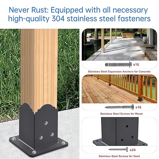 4x4 Post Base(４-Pack), Heavy-Duty Post Bracket (3.6 x 3.6 Inch Inner Size), Decorative Powder-Coated Wood Post Anchors for Pergolas, Fences, Decks, Come with Wood Screws and Concrete Anchors