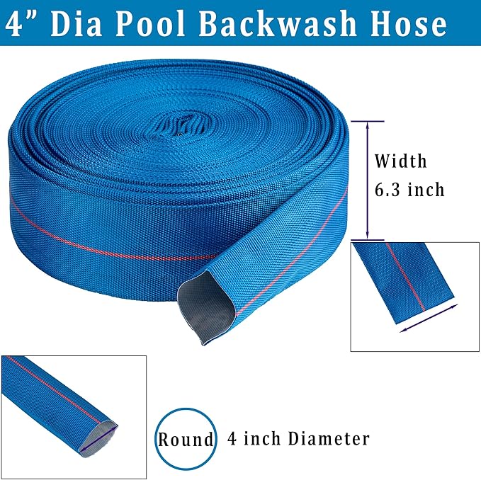 Pool Backwash Hose 4” × 100 ft Heavy Duty PVC Water Discharge Pipe Flexible Reinforced Pump Drain Hose, 4 in Diameter & 6.3 inch Width Lay Flat, with 2 Clamps (4in-100ft)