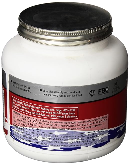LA-CO 42049 Slic-Tite Premium Thread Sealant Paste with PTFE, Non Hardening, -50 to 500 Degree F Temperature, 1 qt Jar with Brush in Cap, Made in USA
