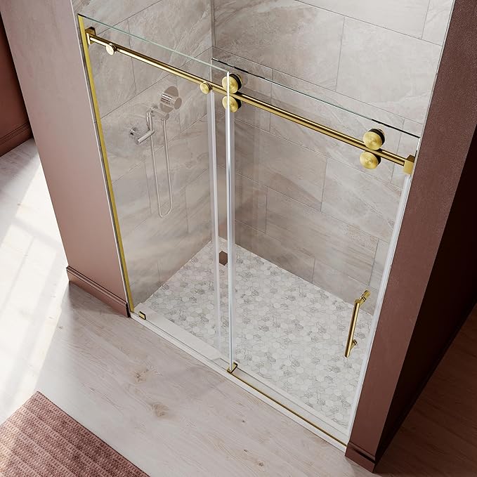56-60 Inch x 76 Inch Sliding Frameless Shower Door, 3/8" Tempered Glass with Easy-Cleaning Coating, Stainless Steel Rollers & SGCC-Certified Stability, Satin Brass