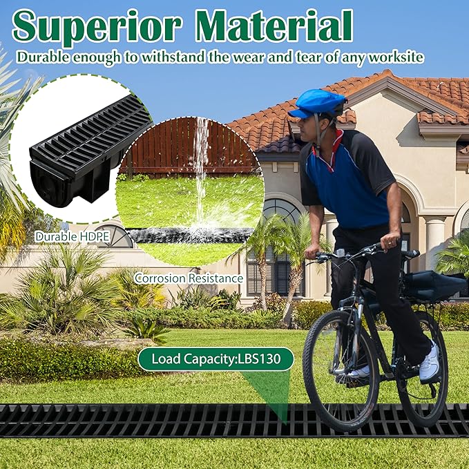 Trench Drain System with Plastic Grate, 3 Packs HDPE Channel Drainage, 39.4" x 3.9" x 3.9" Garden Drain, Total Length 118.2 Inch for Driveway Yard Pool Sidewalk Patio (3, 3.9 x 3.9 Inch)
