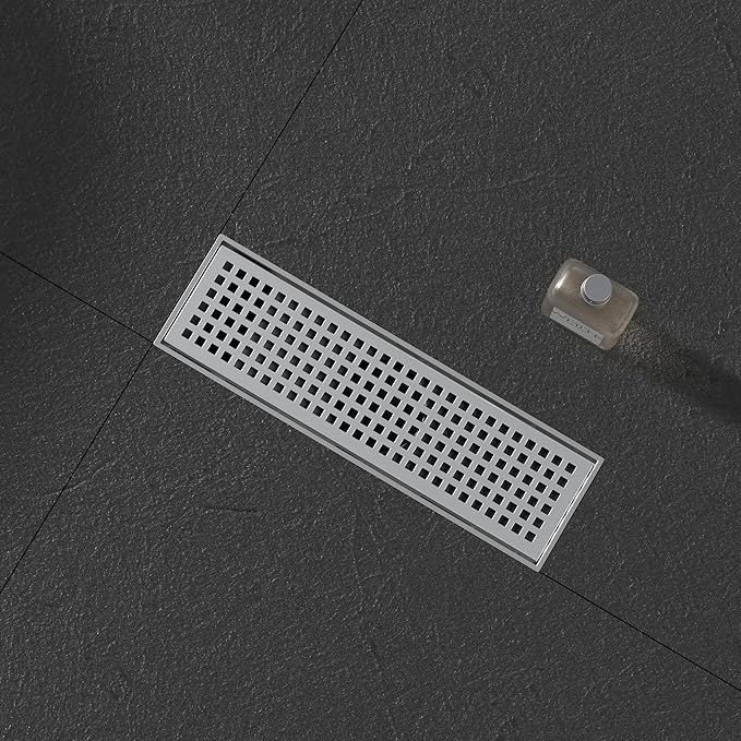 Linear Shower Drain 12", 304 Stainless Steel Floor Drain with Grid Drain Cover & Hair Strainer, Rectangular Shower Drain w/CUPC Certified, Brushed