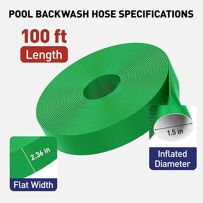 Pool Backwash Hose 1½" x 100', Heavy-Duty PE Backwash Hose for Pool Filter – Includes 2 Clamps, Weatherproof & Burst Resistant for Water Transfer, Sump Pump, Pool Drain, Sand Filter (Green)