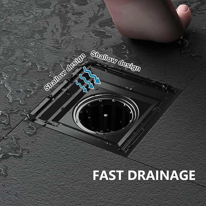 Neodrain Square Shower Drain,4 inch Black Stainless Steel 304 Grate and PVC Drain Body, Grate with Kit Includes Hair Trap/Strainer,Lifting Hook and PVC Drain Base