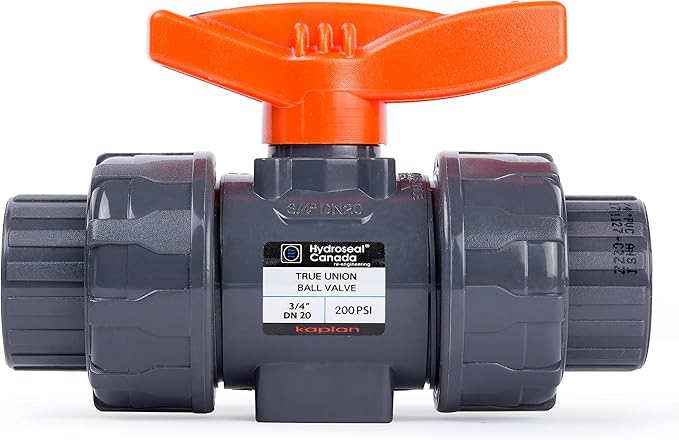 HYDROSEAL Kaplan 3/4" PVC True Union Ball Valve with Full Port, ASTM F1970, EPDM O-Rings and Reversible PTFE Seats, Rated at 200 PSI @73F, Gray, 3/4 inch Socket (3/4")