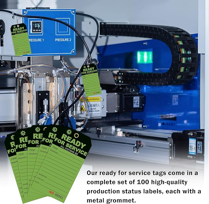 100 Pcs Ready for Service Tags 3 x 5.75 Inch with Serial Number Service Repair Green Tag with 10 Inch Wire Status Notice Tags Equipment Tag Designed for Factories (100)