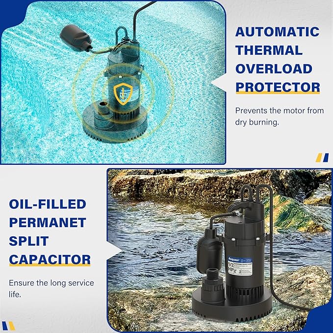 Acquaer 1/2 HP Sump Pump, 4060 GPH Submersible Clean/Dirty Water Pump with Adjustable Float Switch for Garden Pool, Basement, Flooded House, Hot Tub and Irrigation, Max head 32 ft.