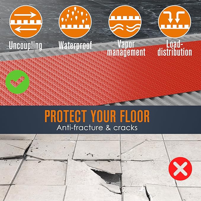 Houseables Uncoupling Membrane, Tile Underlayment, Tile Membrane, Flooring Underlayment, for Floor, Decoupling, Anti Fracture, Waterproof, Anti Crack, Vapor, 1/8" Thick, 3.3 ft x 16.4 ft / 54.5 Sq Ft