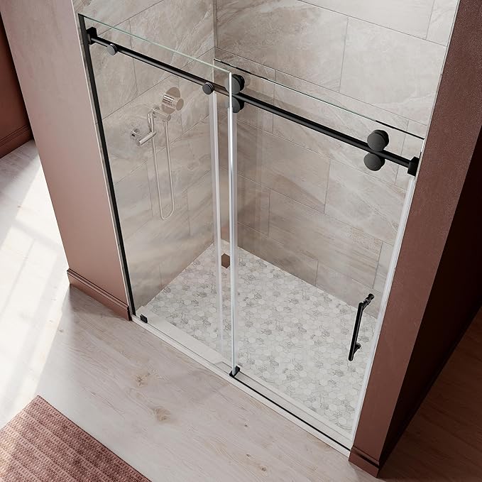 61-65 Inch x 76 Inch Sliding Frameless Shower Door, 3/8" Tempered Glass with Easy-Cleaning Coating, Stainless Steel Rollers & SGCC-Certified Stability, Matte Black