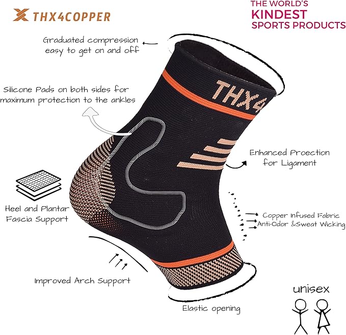 THX4COPPER Infused Compression Ankle Brace, Silicone Ankle Sleeve Support, Pain Relief from Plantar Fasciitis, Achilles Tendonitis- Reduce Foot Swelling & Prevent Ankle, Single