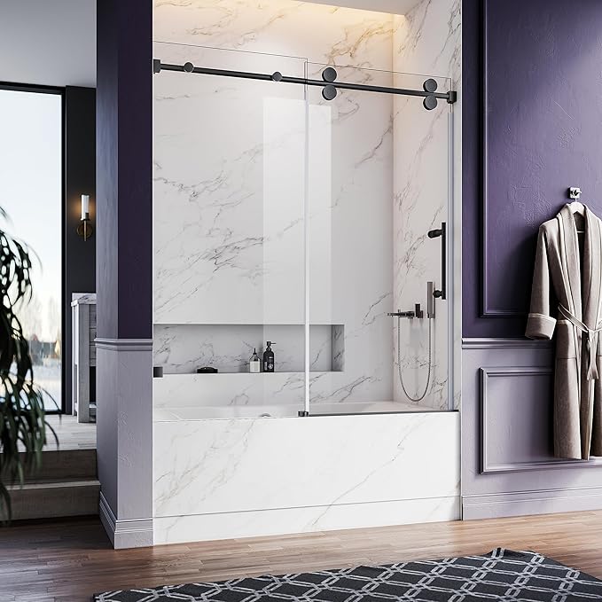56-60 Inch x 66 Inch Sliding Frameless Bathtub Door, 3/8" Tempered Glass with Easy-Cleaning Coating, Stainless Steel Rollers & SGCC-Certified Stability, Matte Black