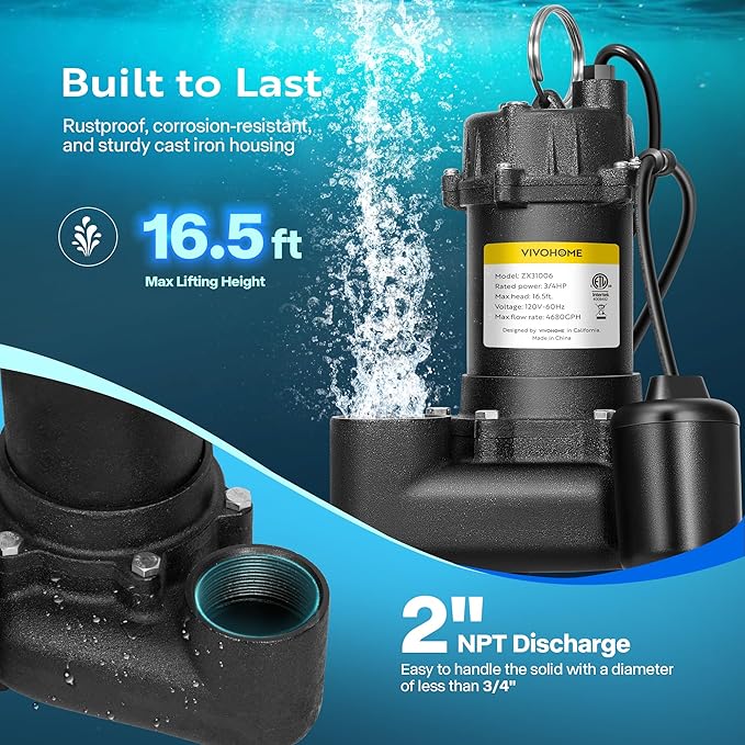 VIVOHOME 3/4 HP Submersible Cast Iron Sewage/Effluent Pump, 4680 GPH Float Switch Sump Pump with 2'' NPT Discharge for Basement, Septic Tank