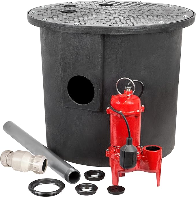 Red Lion RL-WCS50TA-24 1/2 HP 5600 GPH 115-Volt Cast Iron Sewage Pump and 24 x 24-inch Basin System, Red and Black, 14942756