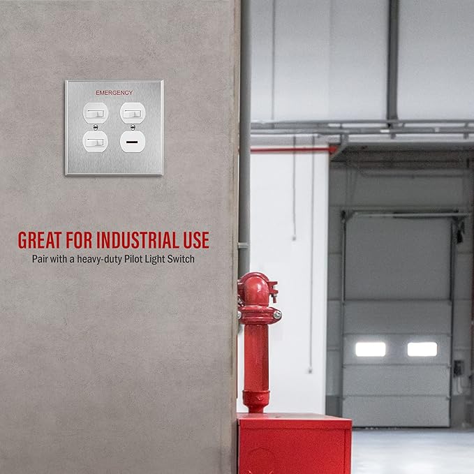 ENERLITES Double Duplex Receptacle Metal Wall Plate with Emergency Label, Stainless Steel Outlet Cover, Corrosion Resistant, 430 Stainless Steel, Mid-Size 2-Gang 4.88" x 4.92", UL Listed, 7722M-E