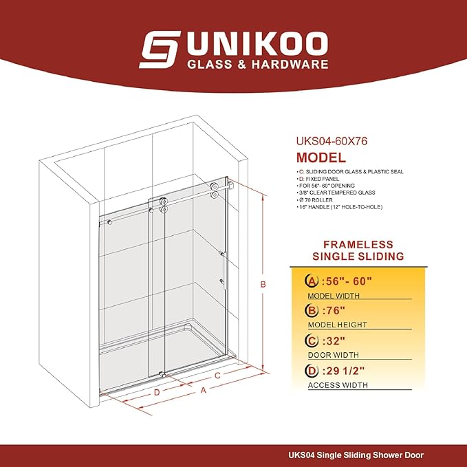 56-60 Inch x 76 Inch Sliding Frameless Shower Door, 3/8" Tempered Glass with Easy-Cleaning Coating, Stainless Steel Rollers & SGCC-Certified Stability, Bright Chrome
