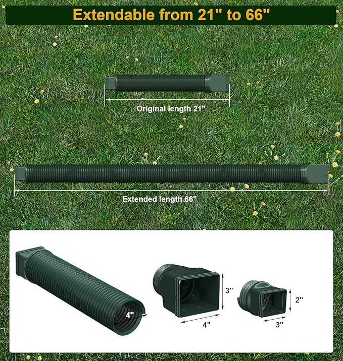 Rain Gutter Downspout Extensions, Downspout Extender for Rainwater Drainage Flexible, Down Spout Drain Extension Pipe and Extendable from 21 to 66 Inches (Green)