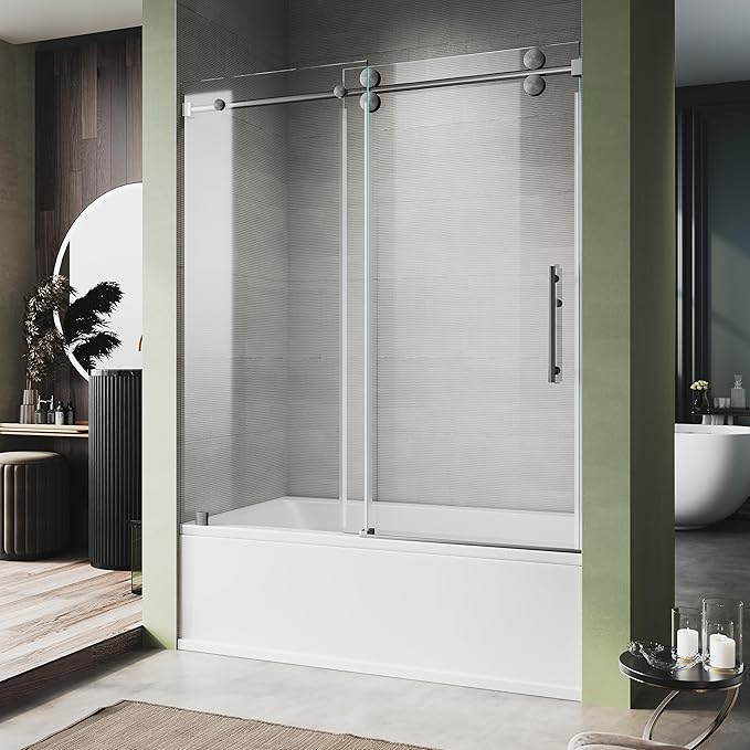 56-60 Inch x 66 Inch Sliding Frameless Bathtub Door, 3/8" Tempered Glass with Easy-Cleaning Coating, Stainless Steel Rollers & SGCC-Certified Stability, Space Gray
