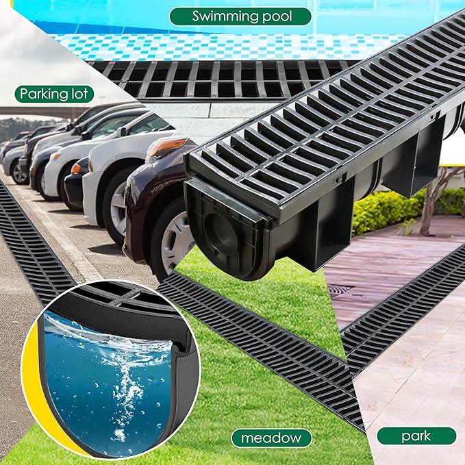 Trench Drain System with Plastic Grate, 6 Packs HDPE Channel Drainage, 39.4" x 5.9" x 5.1" Garden Drain, Total Length 236.4 Inch for Driveway Yard Pool Sidewalk Patio (6, 5.9 x 5.1 Inch)