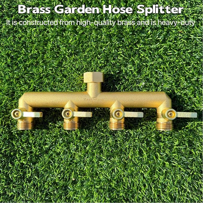 Heavy Duty 4 - Way Garden Hose Splitter, 3/4” Hose Manifold, Outdoor Hose Adapter Connector with 4 Metal Extra Long Handle Metal Faucet Adaptor