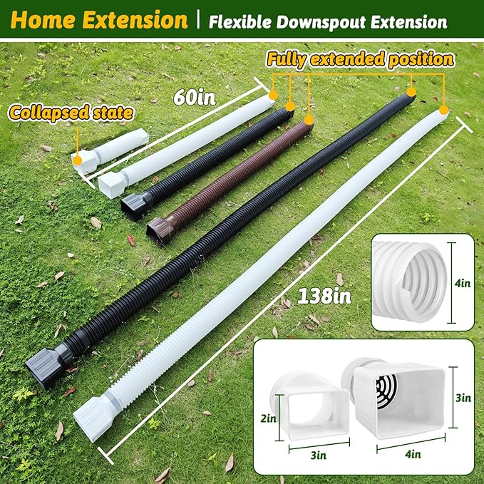 2 Pack Rain Gutter Downspout Extensions 60" with Filter, Corrugated Flexible Gutter Pipe, Downspout Diverter, Down Spout Drain Extension, Extendable from 20" to 60", Screws for Included, White